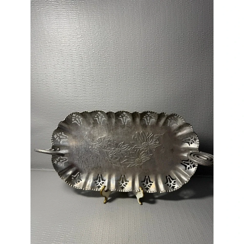 Vintage Farber & Shlevin Hand Wrought Aluminum Tray Floral Scalloped Pierced